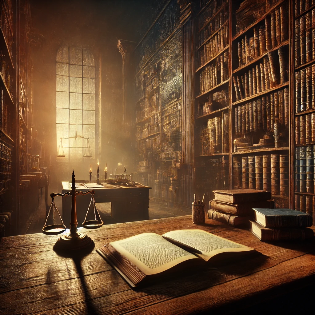 Dimly lit library featuring scales of justice and an open book on a wooden desk, symbolizing legal tradition, political theory, and scholarly research.