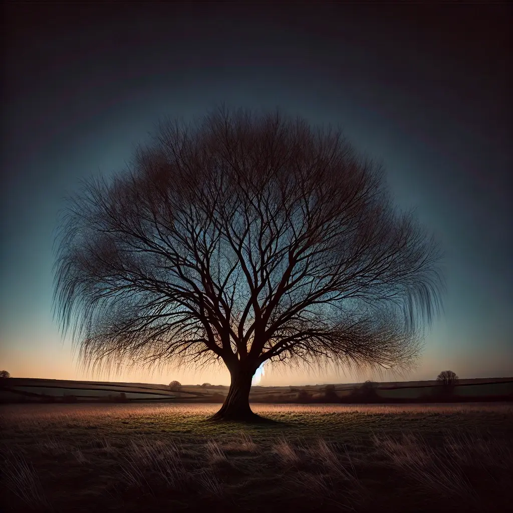 A solitary willow tree stands in an open field at dusk, with branches stretching out against a sky transitioning from deep indigo to soft gold. Some branches are strong, while others are broken, symbolizing resilience and the ongoing struggle for justice and equality. The landscape around the tree is a mix of shadows and gentle light, creating a peaceful yet evocative atmosphere that highlights the beauty in imperfection.