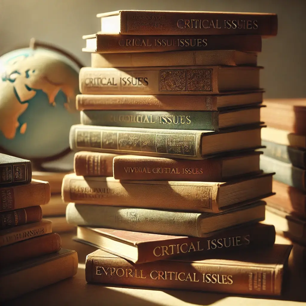 A close-up of a stack of worn, diverse books with distinct covers, symbolizing deep engagement with critical societal issues. The uneven stack reflects the complexity of topics explored, with a warm light creating an inviting atmosphere. In the background, a blurred globe hints at the global impact of these issues, aligning with the page's focus on rethinking entrenched beliefs and encouraging thoughtful reflection.