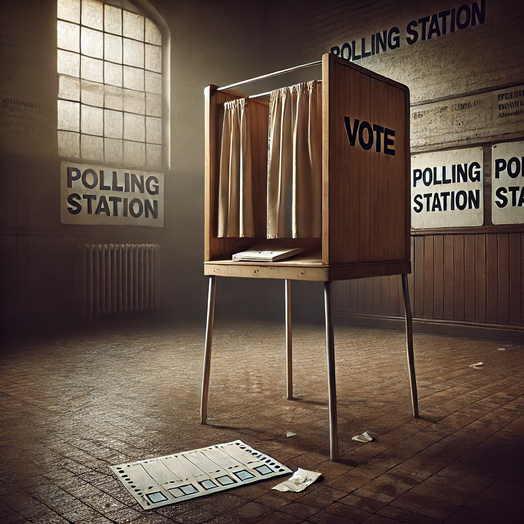 An empty voting booth with a cracked frame and torn privacy curtain in a dimly lit, deserted polling station. A crumpled ballot lies on the counter, with faded "Polling Station" signs partially visible in the background, symbolizing the decline and challenges of democratic participation, and the erosion of democracy.