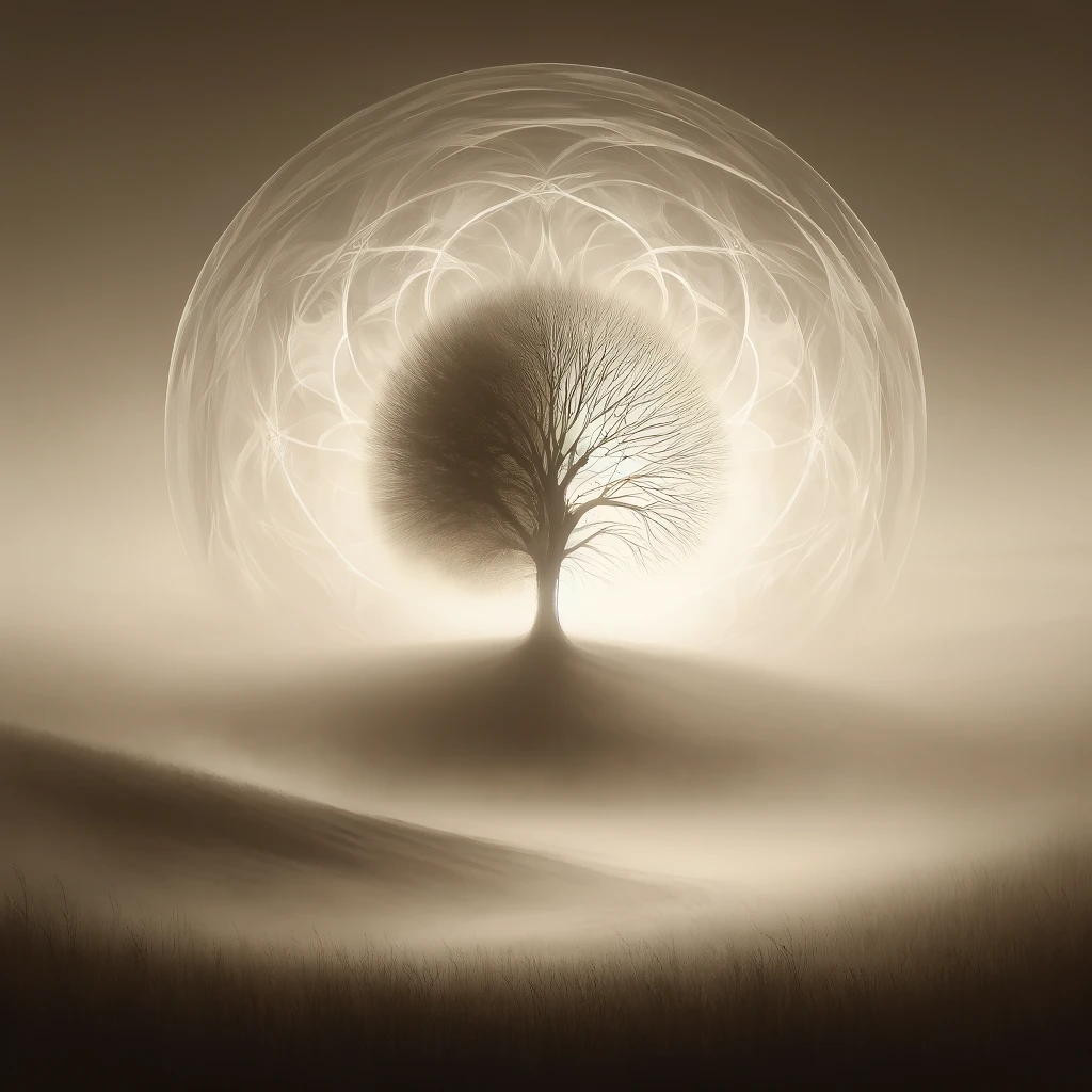 A solitary tree in a misty field, symbolizing resilience and introspection. The tree’s branches, both bare and leafed, reach out under soft, diffused light, creating a calm and contemplative atmosphere. The misty landscape in the background, with distant hills and a winding path fading into the fog, enhances the scene’s mystery and depth, reflecting themes of strength and vulnerability. Ideal for author pages or websites focused on philosophical and reflective writing.