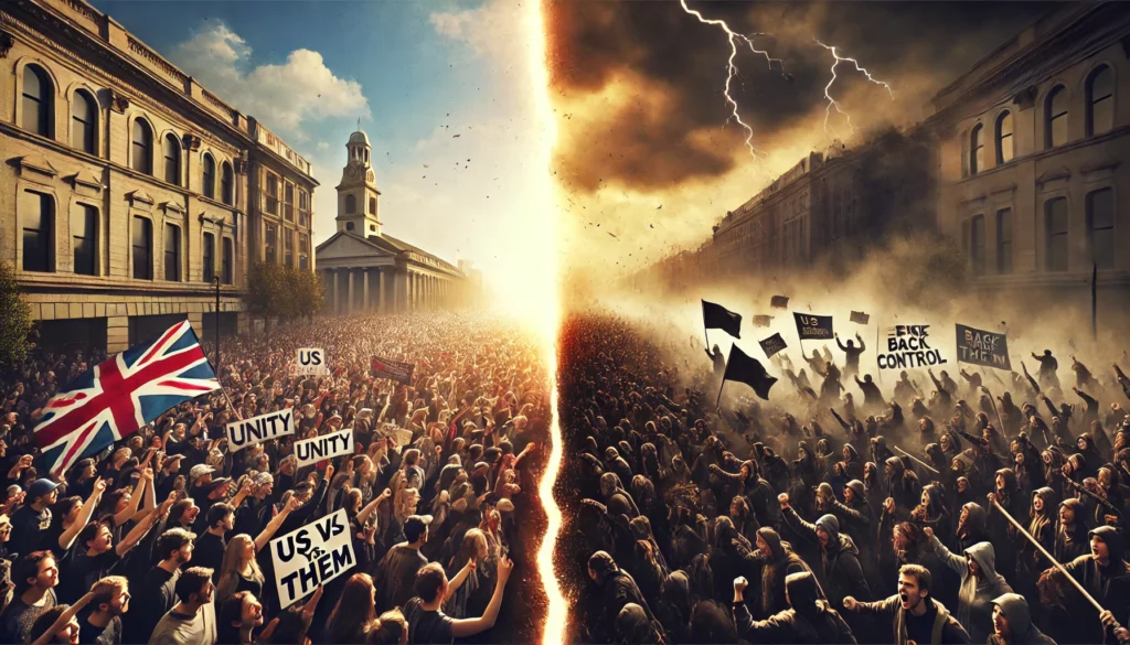 Split image illustrating the dual power of political rhetoric. The left side shows a peaceful, unifying rally with diverse people holding 'Unity' and 'Equality' banners under a sunlit sky. The right side contrasts with a chaotic, divisive protest, featuring angry faces and polarizing slogans like 'Us vs. Them' under a stormy sky. A dark, jagged line divides the scenes, symbolizing the impact of rhetoric on democracy, power dynamics, and public opinion.