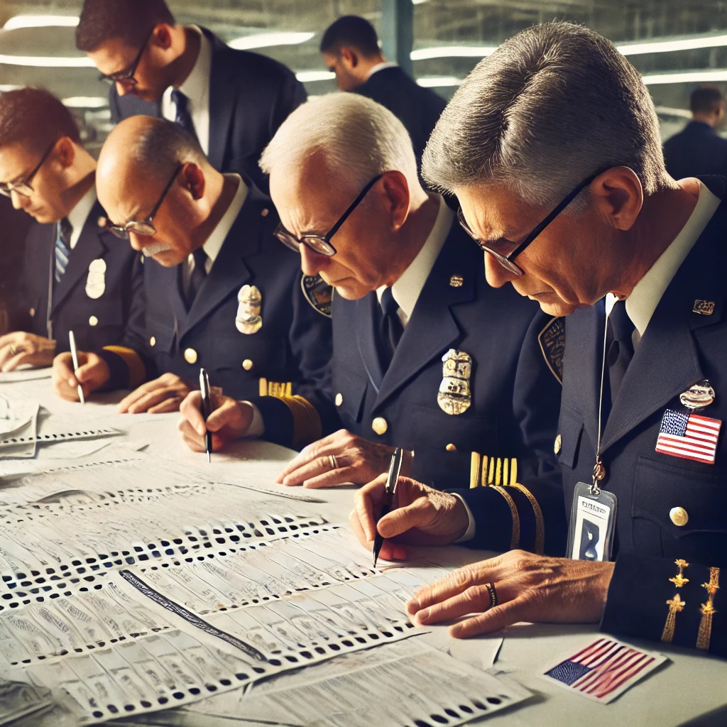 Election officials conducting a meticulous hand recount of ballots in a well-lit room, ensuring election integrity and transparency. Officials wearing badges carefully review each ballot, with observers present, symbolizing the thorough auditing process in key states like Georgia and Arizona after the 2020 U.S. presidential election. The recount reinforces the legitimacy of the election results, debunking claims of widespread voter fraud.